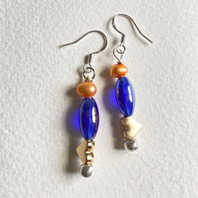 Cobalt blue, orange, crystal and metal heart choker with matching drop earrings by Caroline Salmon