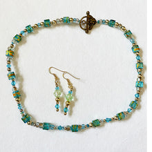 Artisan Necklace -  "Egyptian" Choker with Earrings Necklace 2pce Set - Turquoise glass with gilt highlights