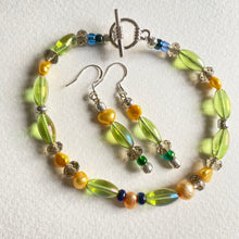 Spring inspired green, yellow and brown bead bracelet and drop earring set