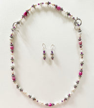 Unique bead necklace set 3pce - with large pink pearls, seedpearls, and silvery beads