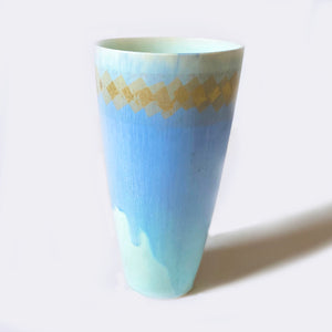Tall Blue Vase with gold Leaf squares by Phylis Dupuy side 3