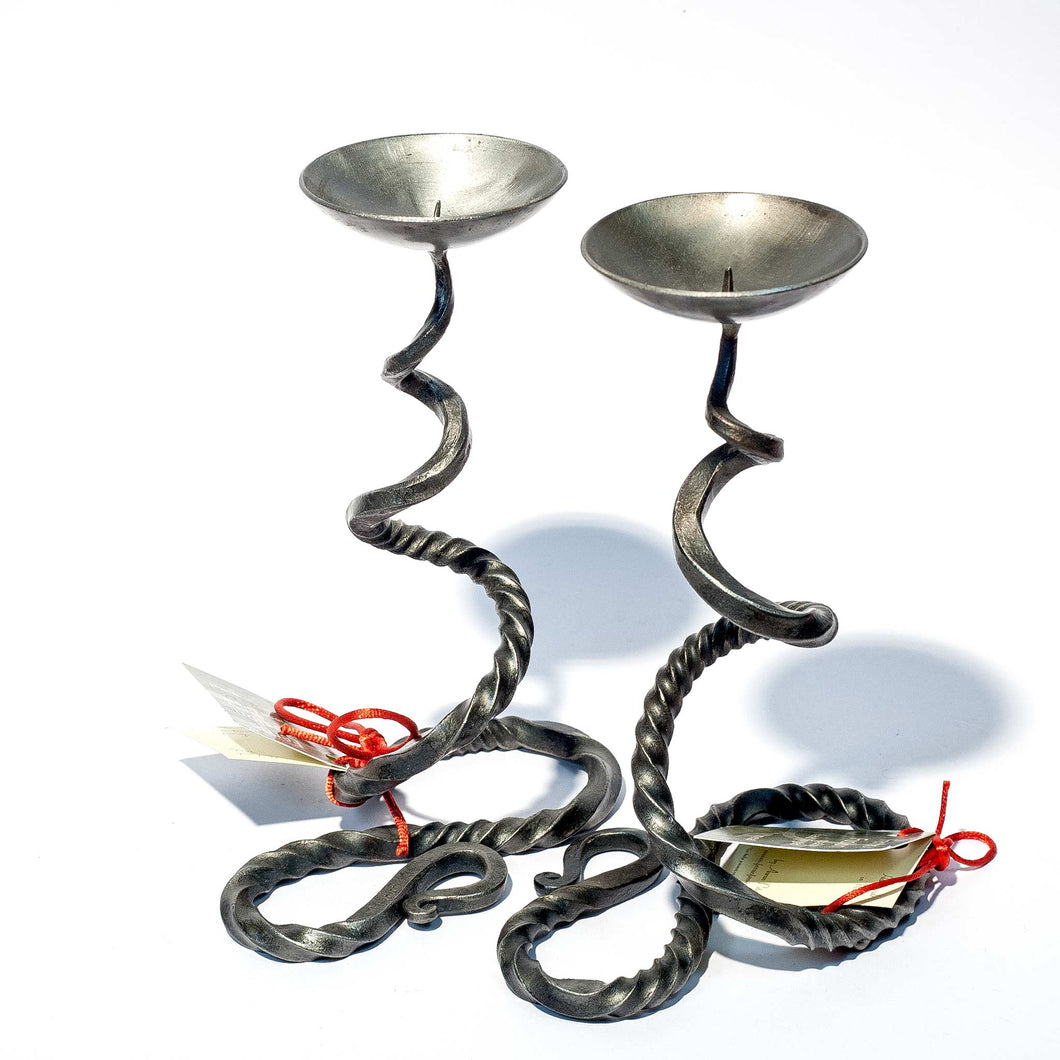 Wrought Iron Candlestick - Pair of Small twisted Basilick Candlesticks