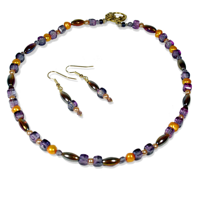 Artisan Choker with earrings Necklace Set Amethyst  and gold pearls by CMS Jewellery